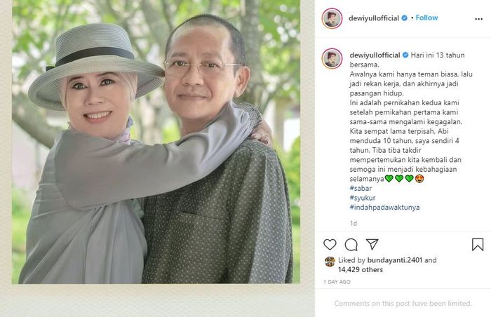Unggahan Dewi Yull saat menceritakan pertemuannya dengan suami barunya.
