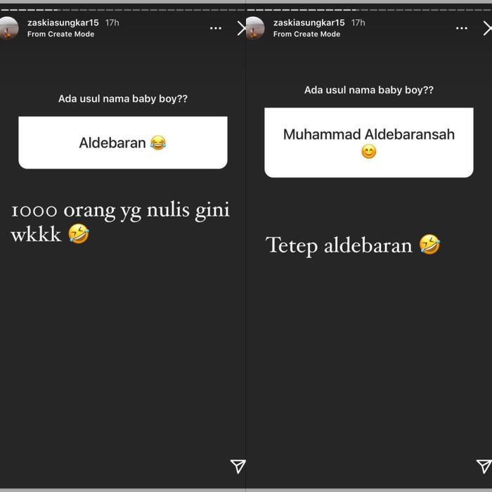 Banyak netizen yang mengusulkan nama Aldebaran untuk Zaskia Sungkar.