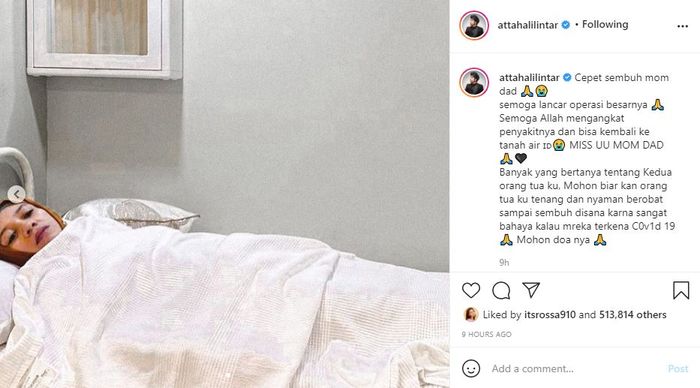 Tangkap layar Atta Halilintar unggah foto dan tulis doa untuk kedua orang tuanya yang dioperasi