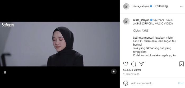 Unggahan lagu baru Sabyan di Instagram Nissa.