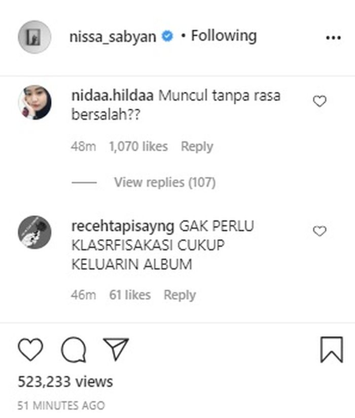 Komentar netizen di unggahan Nissa Sabyan.