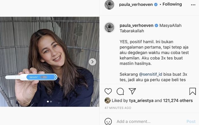 Paula Verhoeven umumkan dirinya positif hamil.