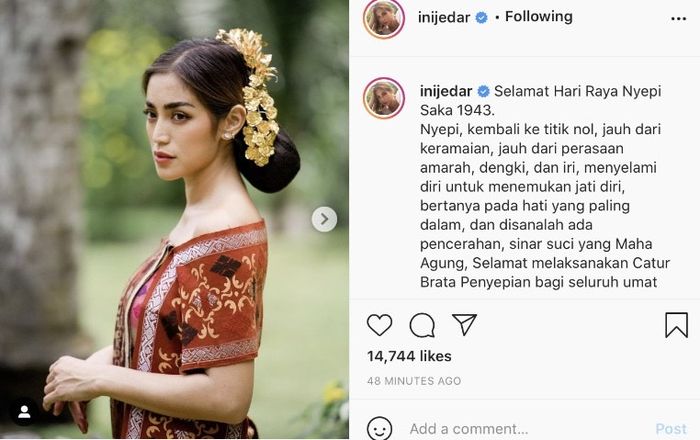 Jessica Iskandar beri ucapan selamat hari raya Nyepi.
