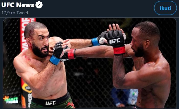 Ketika Belal Muhammad (kiri) dan Leon Edwards (kanan) saling melandaskan pukulan. Duel kedua petarung itu berlangsung pada ajang UFC Vegas 21, Minggu (14/3/2021).