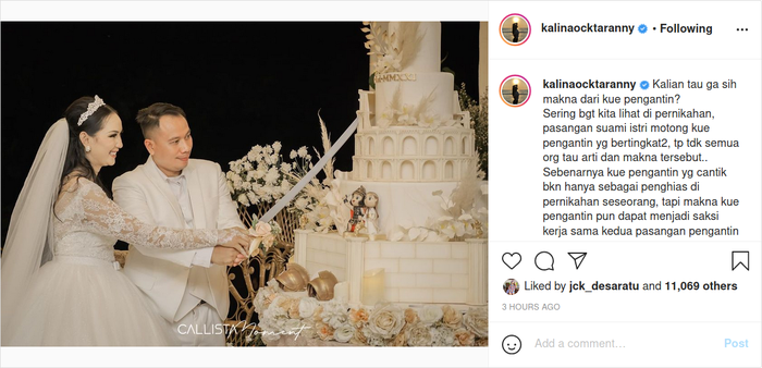 Unggah foto momen potong kue pernikahan, Kalina Ocktaranny tuliskan kalimat bijak terkait kue pengantin.