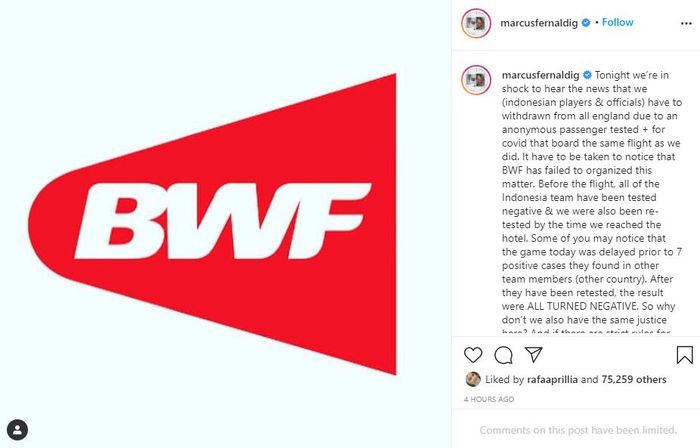 Unggahan Instagram Marcus Fernaldi Gideon perihal keputusan BWF yang meminta Indonesia untuk mundur dari All England.