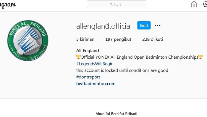 Akun Resmi Instagram All England Open hilang dan sampai bikin baru usai kasus tim Indonesia dipaksa mundur dari All England Open 2021.