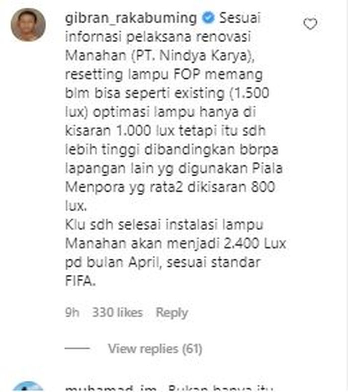 Komentar Gibran Rakabuming Raka di akun instagram @stadiuminfrastructure soal lampu Stadion Manahan pada Minggu (21/3/2021).