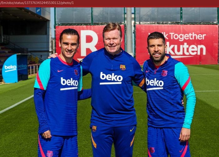Dari kiri ke kanan: Antoine Griezmann, Ronald Koeman, dan Jordi Alba.