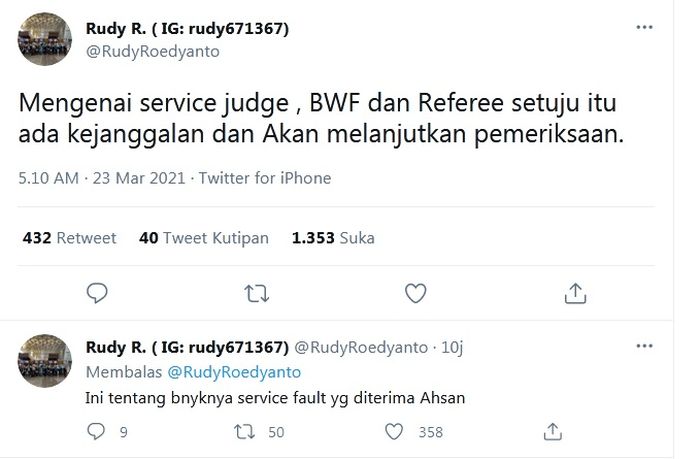 Cuitan Koh Rudy soal kejanggalan service judge All England Open 2021 di laga Ahsan/Hendra.