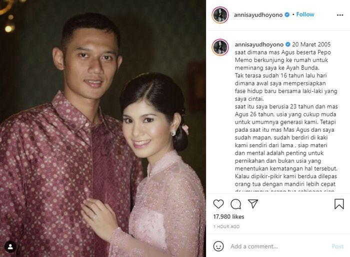 Tangkap Layar <a href='https://medan.tribunnews.com/tag/annisa-pohan' title='Annisa Pohan'>Annisa Pohan</a> Unggah Foto Bareng Agus Yudhoyono Saat Lamaran Dulu
