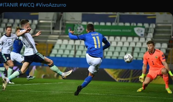 Momen timnas Italia meraih kemenangan 2-0 atas timnas Irlandia Utara pada laga perdana Grup C Kualifikasi Piala Dunia 2022 zona Eropa.