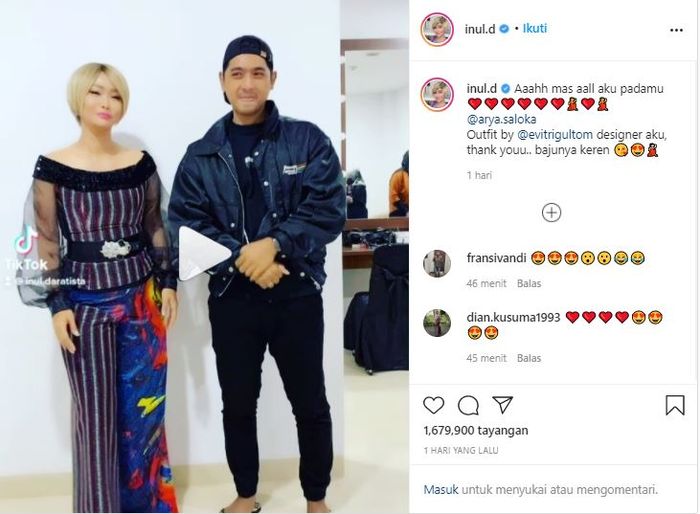 Inul Daratista membagikan video TikTok-nya bersama Arya Saloka melalui unggahan di Instagramnya