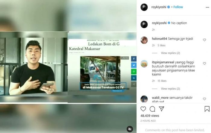 Unggahan Instagram Roy Kiyoshi.