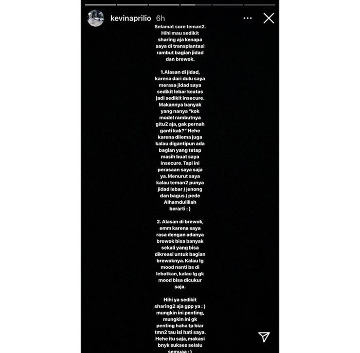 Penjelasan Kevin Aprilio lakukan transplantasi rambut