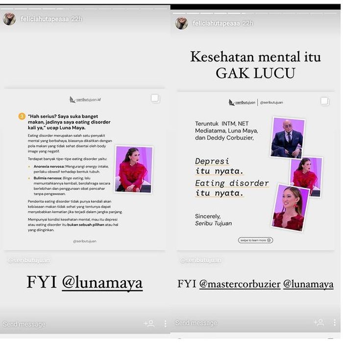 Postingan Felicia Hutapea yang diunggah ulang oleh akun gosip