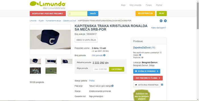 Penampakan ban kapten Cristiano Ronaldo yang dilelang di situs e-commerce Serbia bernama Limundo.