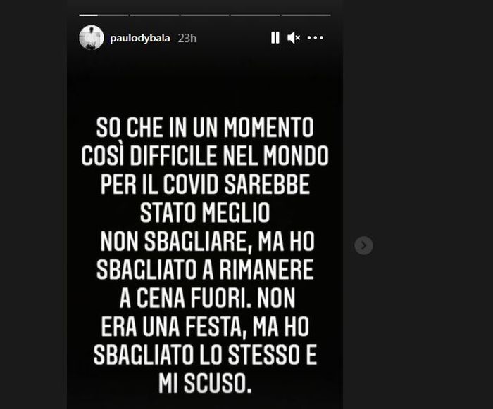Klarifikasi permintaan maaf Paulo Dybala terkait kehadirannya di pesta Weston McKennie di Instagram Story.