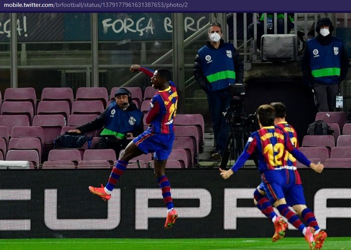 Selebrasi Ousmane Dembele usai mencetak gol kemenangan Barcelona atas Real Valladolid dalam laga Liga Spanyol, Senin (6/4/2021) waktu setempat atau Selasa dini hari WIB.  