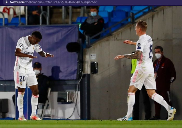 Selebrasi pemain Real Madrid, Vinicius dan Toni Kroos, usai menjebol gawang Liverpool dalam babak perempat final Liga Champions 2020-2021 pada Selasa (6/4/2021) waktu setempat atau Rabu pukul 02.00 WIB.