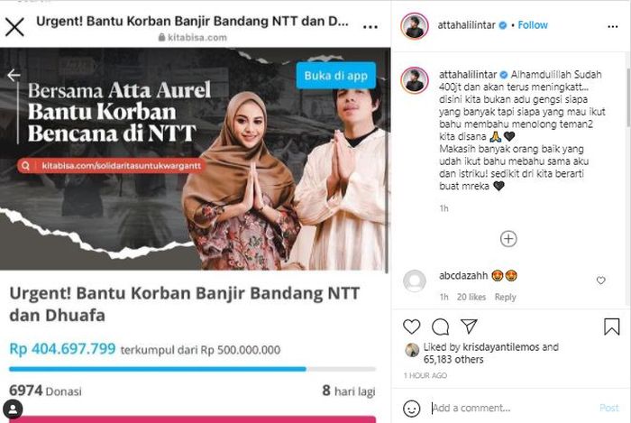 Galang donasi untuk NTT dan NTB, Atta Halilintar berhasil kumpulkan bantuan hingga Rp 400 juta.