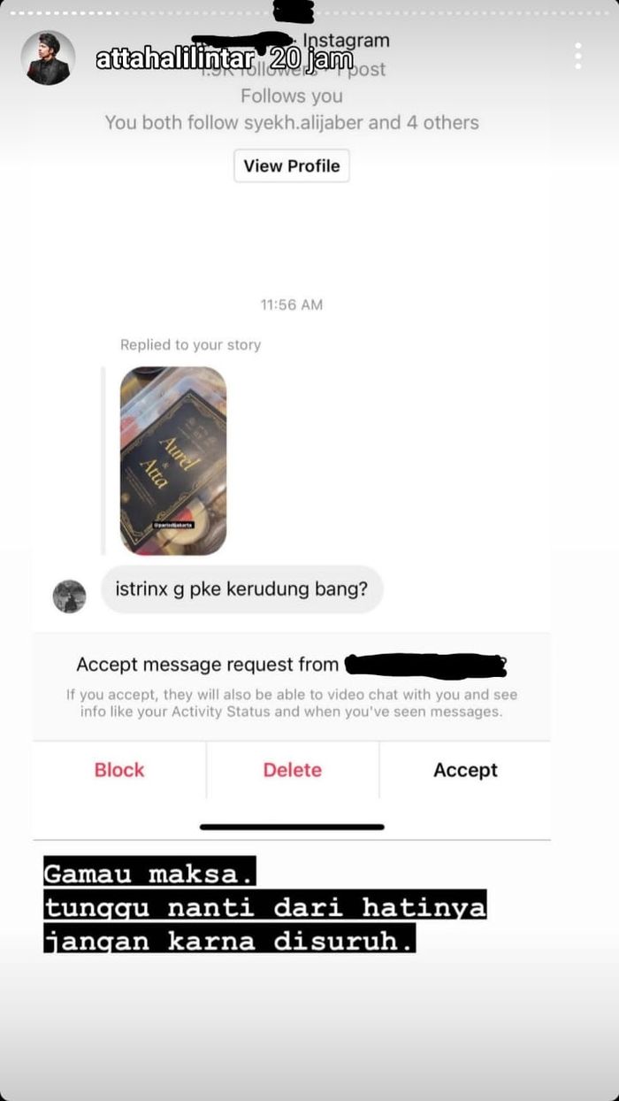 Tangkap layar Instagram @attahalilintar
Atta Halilintar beri jawaban menohok untuk netizen yang bertanya tentang hijab Aurel Hermansyah