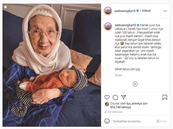 Potret nenek Irwansyah yang tampak awet muda diunggah Zaskia Sungkar di Instagramnya.