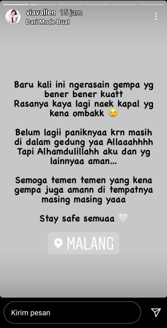 Via Vallen curhat tentang pengalamannya rasakan gempa di <a href='https://tribunmedan.cfd/tag/malang' title='Malang'>Malang</a>.