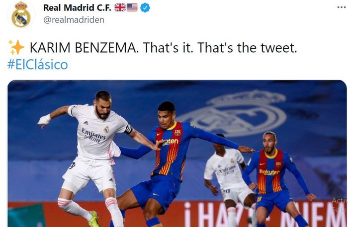 Karim Benzema mencetak gol dengan backheel ke gawang Barcelona dalam partai bertajuk el clasico di Stadion Alfredo di Stefano, Sabtu (10/4/2021) atau Minggu dini hari WIB.