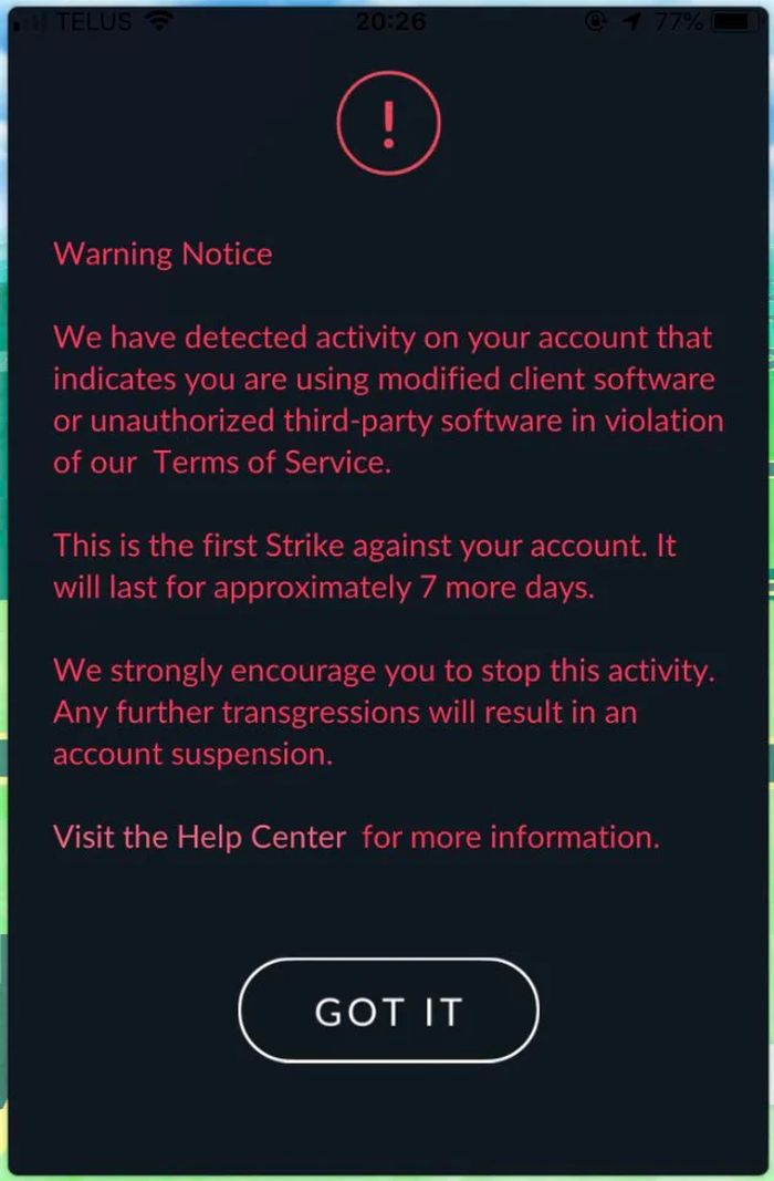 screenshot of banned notification from Pokemon GO