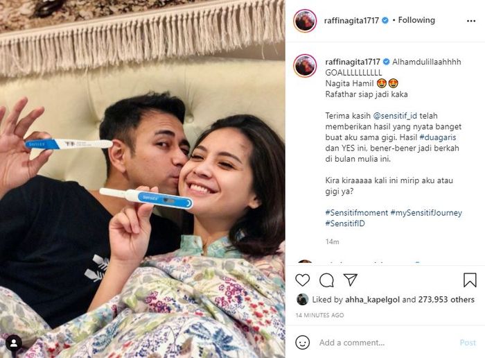 Postingan Raffi Ahmad Umumkan Nagita Slavina Positif Hamil