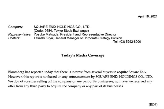 A statement from Takashi Kiryu refuting the rumors of the sale of the company Square Enixx