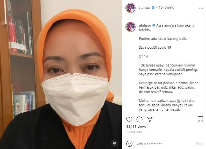 Unggahan Atalia Praratya yang positif Covid 19