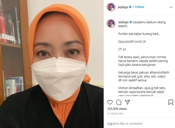 Istri <a href='https://medan.tribunnews.com/tag/ridwan-kamil' title='Ridwan Kamil'>Ridwan Kamil</a>, Atalia Praratya umumkan dirinya positif <a href='https://medan.tribunnews.com/tag/covid-19' title='Covid-19'>Covid-19</a>