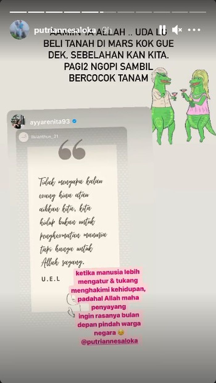 Putri Anne dan Ayya Renita saling berbalas IG Story