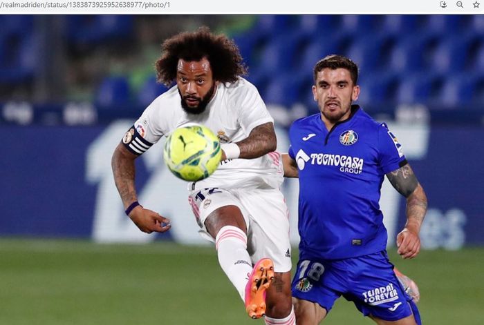 Bek Real Madrid, Marcelo, beraksi dalam laga pekan ke-33 Liga Spanyol 2020-2021 melawan Getafe, Minggu (18/4/2021).