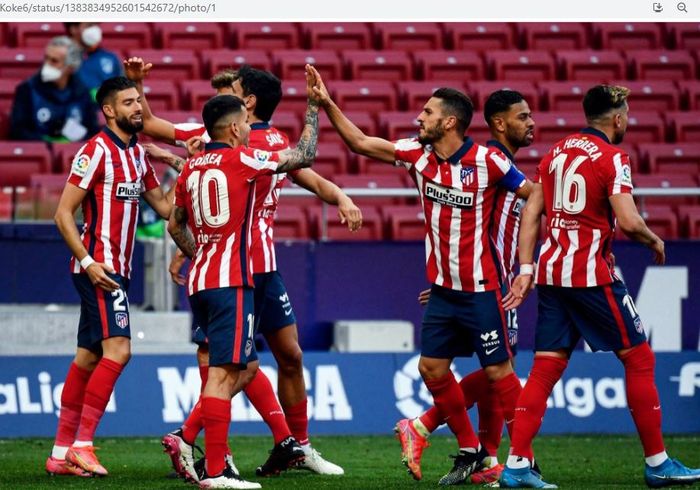 Para pemain Atletico Madrid merayakan gol ke gawang Eibar pada pekan ke-33 Liga Spanyol 2020-2021, Minggu (18/4/2021).