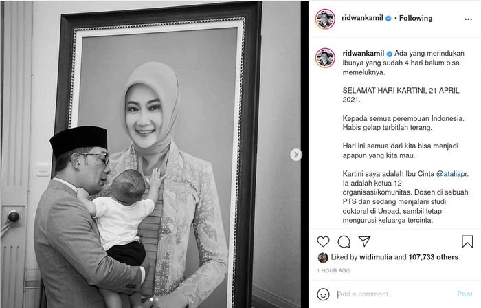 Ikut peringati hari Kartini, <a href='https://medan.tribunnews.com/tag/ridwan-kamil' title='Ridwan&nbsp;Kamil'>Ridwan&nbsp;Kamil</a> unggah foto bareng putra bungsunya hingga ungkap sosok asli Atalia Praratya.