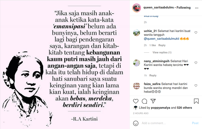 Pajang kalimat bijak R.A Kartini demi peringati hari kartini, Sarita Abdul Mukti langsung banjir pujian dati Netizen.