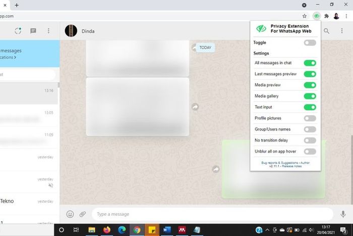Tampilan layar pesan pada WhatsApp Web yang disamarkan dengan ekstensi di Google Chrome__ KOMPAS.com/Kevin Rizky Pratama