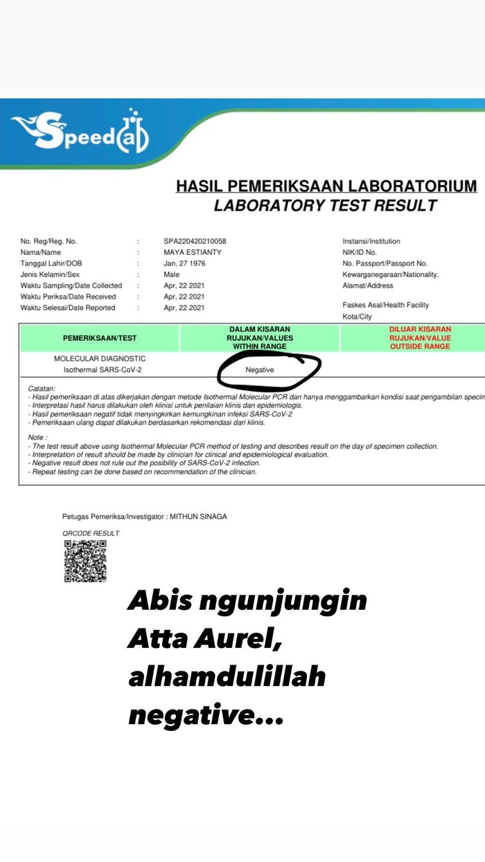 Hasil swab Maia Estianty