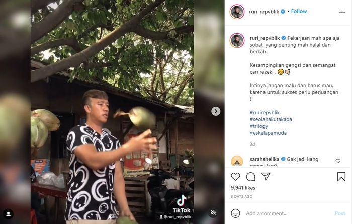 Unggahan Ruri vokalis band Repvblik saat merespon komentar netizen yang menyinggung tentang usahanya berjualan kelapa.