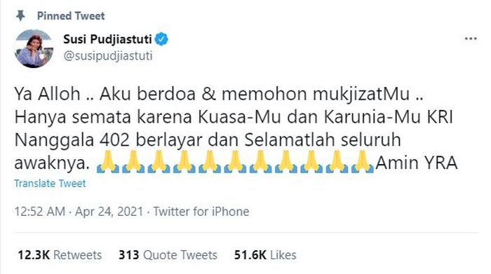 Doa Susi Pudjiastuti untuk Para Awak Kapal Selam KRI Nanggala 402
