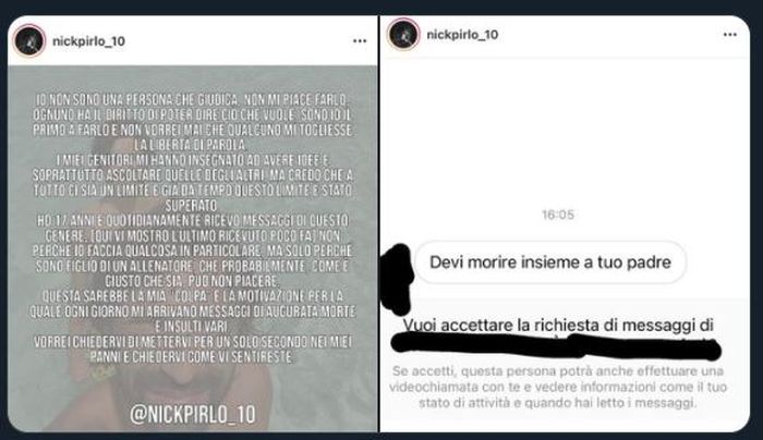 Postingan Nicolo Pirlo di Instagram disertai tangkapan layar DM berisi ancaman pembunuhan oleh warganet yang diduga oknum fan Juventus.