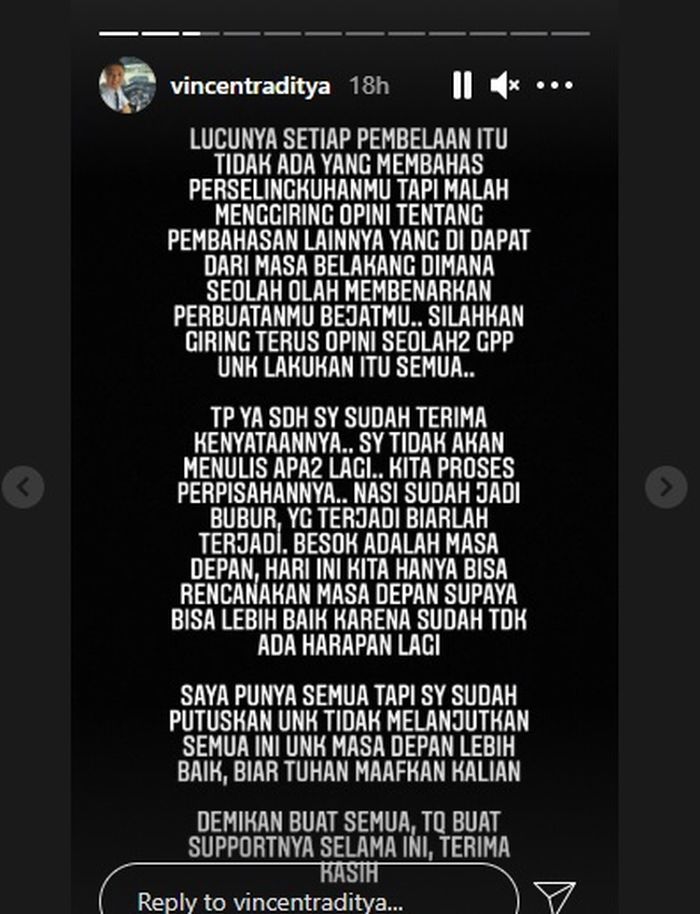 Unggahan instagram story Vincent Raditya