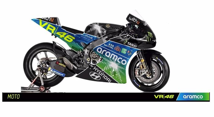 Rancangan awal livery Aramco Racing Team VR46 yang beredar ramai di sosial media. Motor Yamaha hanya ilustrasi.