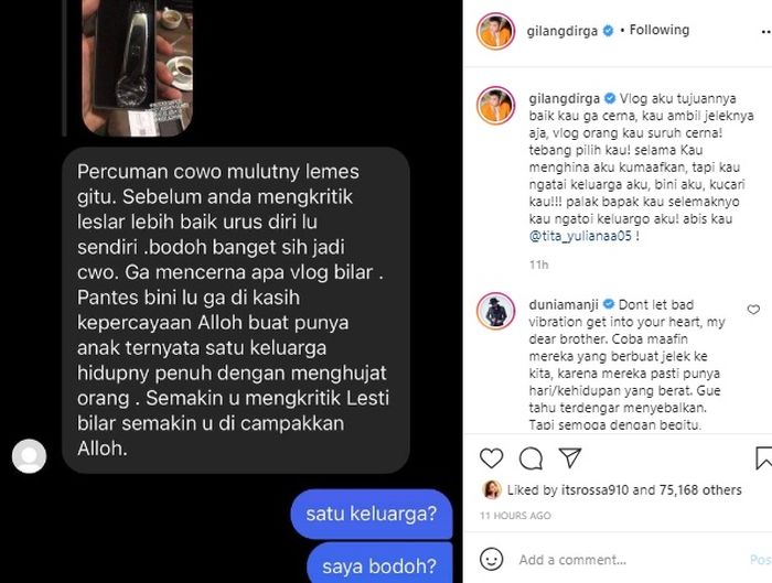 Unggahan Gilang Dirga tentang pelaku yang menghina istrinya.