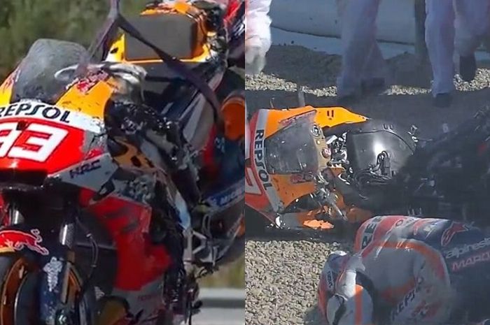 Pembalap Repsol Honda Team, Marc Marquez crash horor di FP3 MotoGP Spanyol 2021.