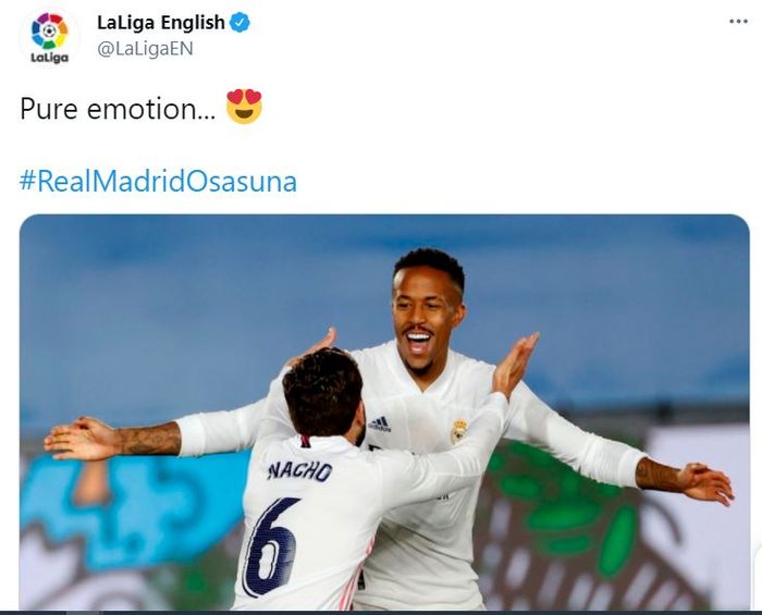 Selebrasi Eder Militao dan Nacho Fernandez saat Real Madrid menang atas Osasuna, Sabtu (1/5/2021).