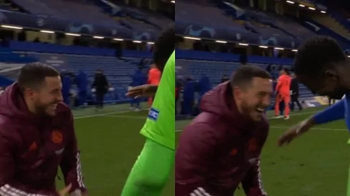 Eden Hazard yang kedapatan tertawa bersama pemain Chelsea usai laga Chelsea vs Real Madrid